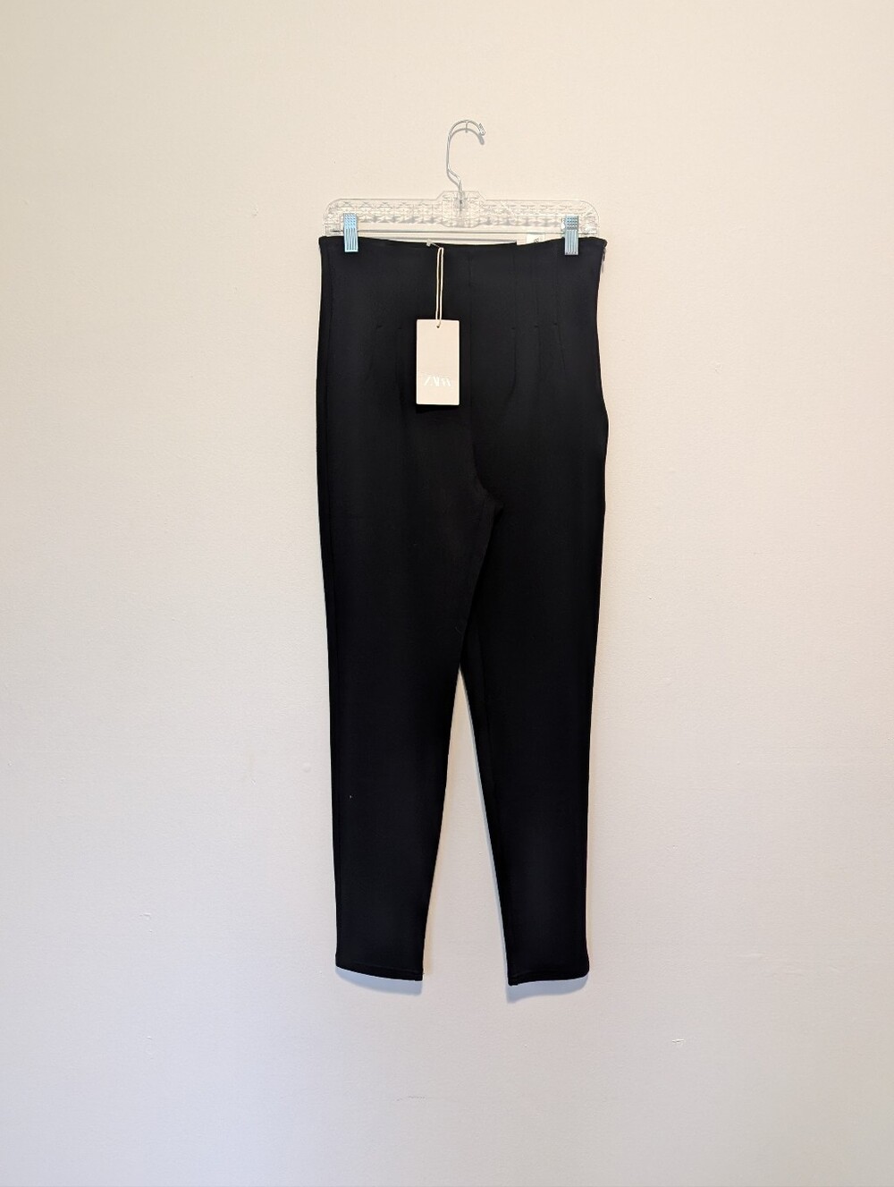 NWT ZARA High Waist Slim Pintuck Pants Black Stretch Ponte Ankle Trousers L